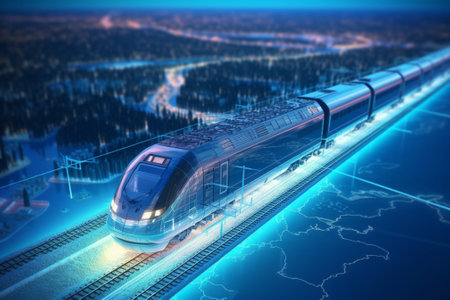 High speed train with digital map in the background. 3d renderingの素材