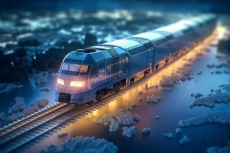 High speed train on the background of the city at night. 3d renderingの素材