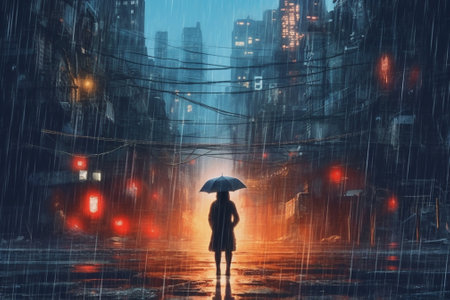 Woman in raincoat with umbrella walking in the city. Mixed mediaの素材