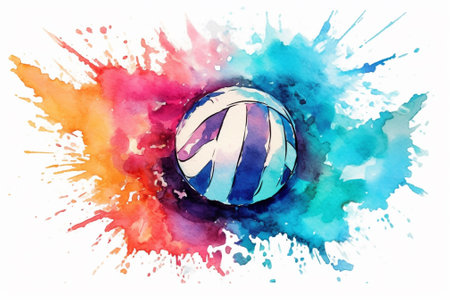 Watercolor volleyball ball on watercolor splash background. Vector illustration.の素材