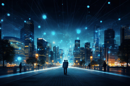 Silhouette of businessman looking at night cityscape and network conceptの素材