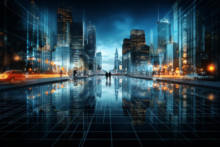 Business people walking in the city at night. 3D rendering.の素材