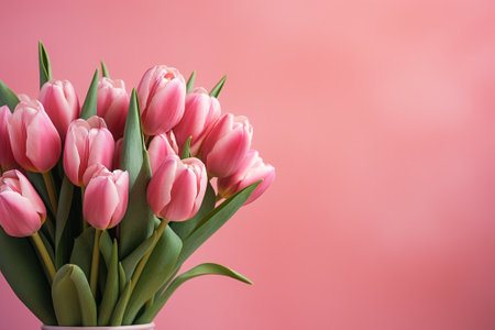 Bouquet of pink tulips in vase on pink backgroundの素材