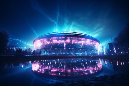 Stadium at night with lights and reflection in the water, Moscow, Russiaの素材