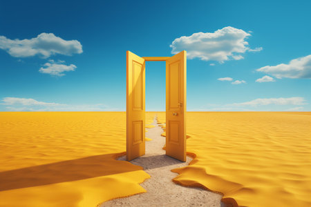 Open door in the desert with sand and sky background. 3d renderの素材