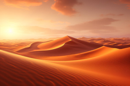 Desert sand dunes at sunset, 3d render nature backgroundの素材