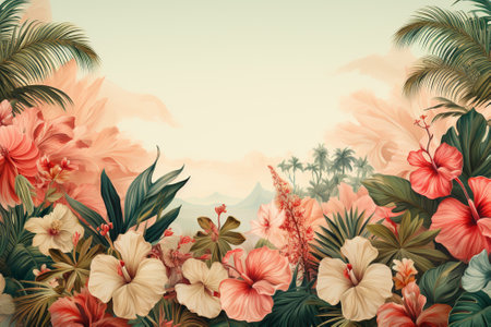 Tropical background with palm leaves and hibiscus flowersの素材