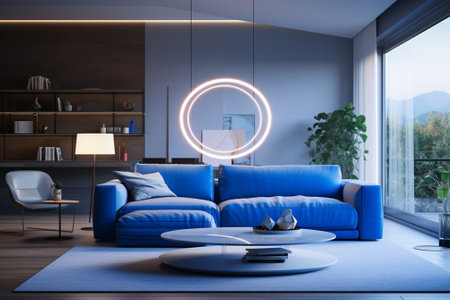 Interior of modern living room with blue sofa and coffee table 3D renderingの素材