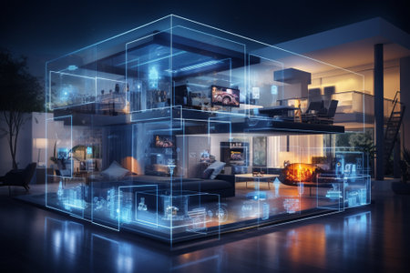 Modern living room interior with furniture and digital hologram. 3D Renderingの素材