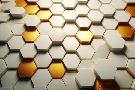 3d rendering of abstract hexagon background in golden and white colorの素材