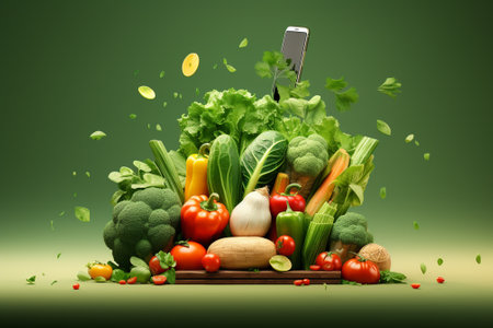 Healthy food concept with fresh vegetables and mobile phone on green backgroundの素材
