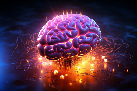 3d render of human brain with glowing light on dark background.の素材