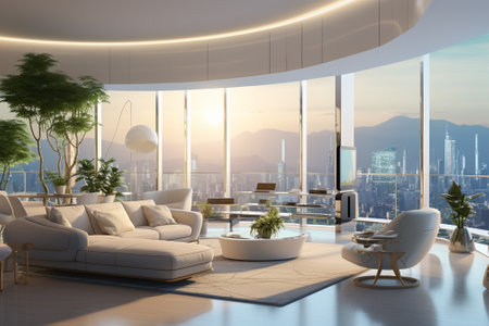 Modern living room interior with panoramic city view 3D renderingの素材