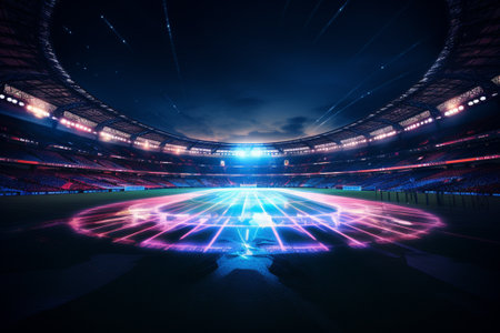 3D render of a large football stadium with bright lights and VIP boxesの素材