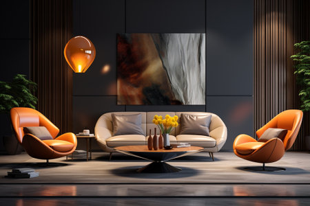 Interior of modern living room with black walls, concrete floor, orange armchairs and coffee table with yellow tulips. 3d renderingの素材