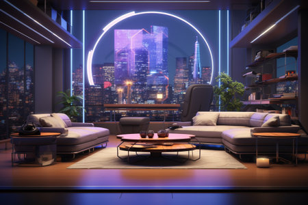Interior of modern living room. Night city view. 3D renderingの素材