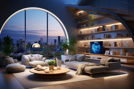Modern living room interior with round window and city view. 3D Renderingの素材