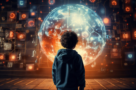 Back view of little boy looking at global network hologram. 3D renderingの素材