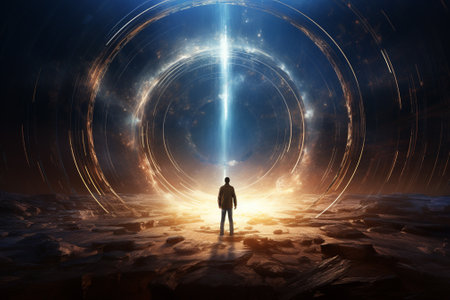 Man in dark space with light rays coming from behind. 3D renderingの素材