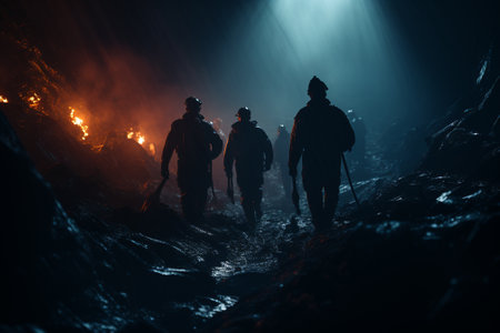 Silhouette of a group of soldiers standing in the mine and looking at the fireの素材