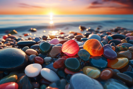 Colorful stones on the beach at sunset. Beautiful natural background.の素材