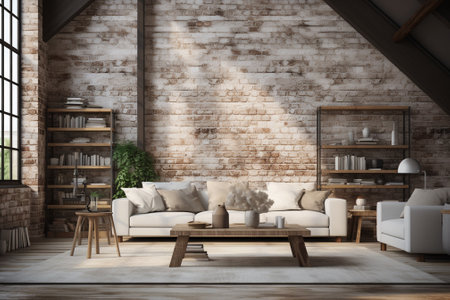 Interior of modern living room with brick walls, wooden floor, white sofa and coffee table. 3d renderの素材