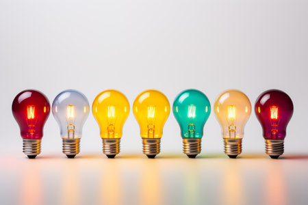 Group of colorful light bulbs on a white background with copy space.の素材
