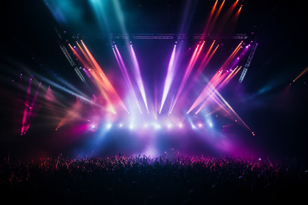 Concert crowd in front of a bright stage with lights and smokeの素材