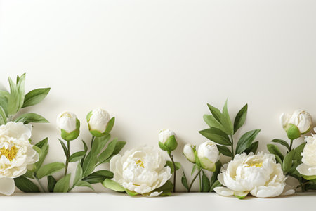 Flowers composition. Frame made of white peonies on white background. Flat lay, top view, copy spaceの素材