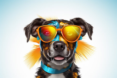 Funny dog with sunglasses on blue background. 3D illustration.の素材