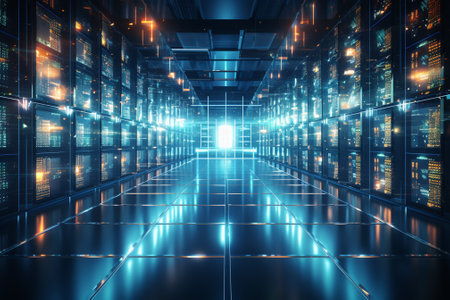 3D rendering of a futuristic server room with neon lights in itの素材