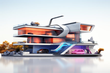 3D rendering of a modern building with a futuristic facade and a roofの素材