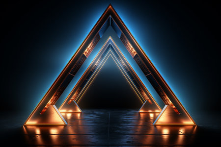 3d rendering of triangle shape in dark room with neon light.の素材
