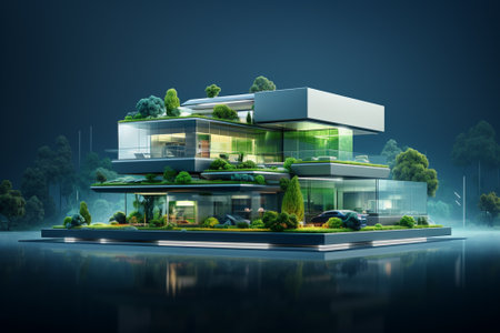 3d render of a modern house with green plants on the backgroundの素材