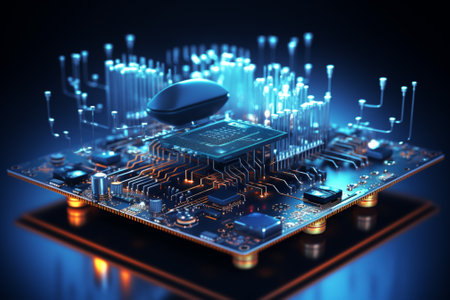 Circuit board with computer mouse, 3d render. Computer technology backgroundの素材