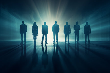 Silhouettes of business people standing in front of a bright lightの素材