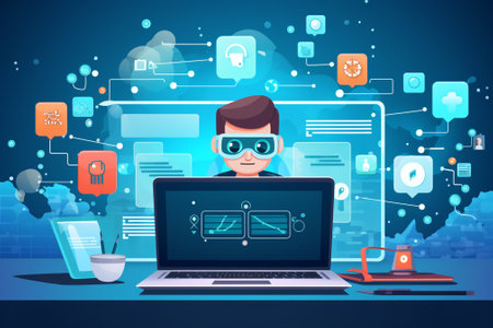 Man in virtual reality glasses working on laptop. Vector illustration in flat styleの素材
