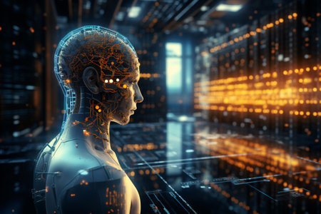 3d rendering of human head with circuit brain in server room backgroundの素材