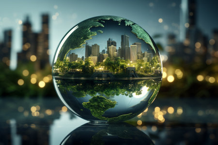 Glass globe with the image of the city in the center. 3D rendering.の素材