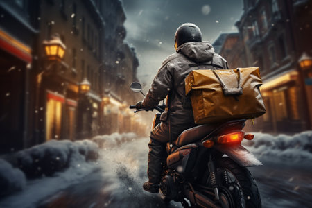 Back view of a man with a backpack riding a motorbike on a snowy street.の素材