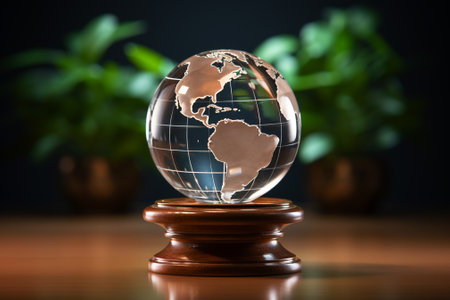 Globe on wooden table with green plant background. Global business conceptの素材