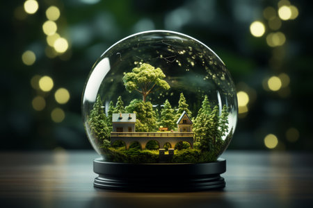glass ball with house and tree inside. 3d illustration. save the world conceptの素材