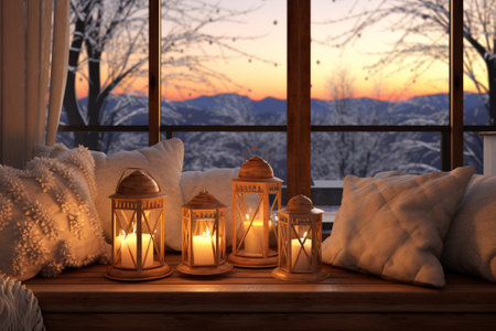 Beautiful view from the window on the winter landscape at sunset.の素材