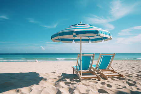 Beach chairs and umbrella on tropical sand beach with blue sky backgroundの素材