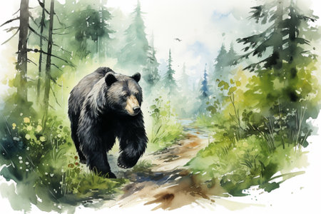 Watercolor illustration of a bear in the forest. Wild animal.の素材