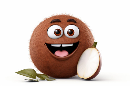 funny cartoon kiwi character with green leaves isolated on white backgroundの素材