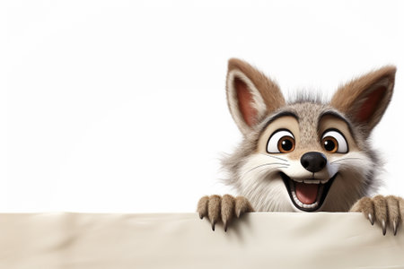 3d rendering of a cute fox peeking out from behind a bannerの素材