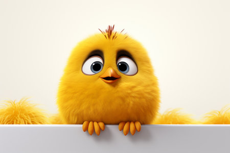3d rendering of a cute yellow chick peeking out from behind a white boardの素材