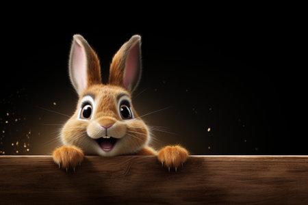 Cute easter bunny peeking from behind wooden board on black backgroundの素材
