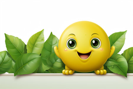 Smiling yellow smiley with green leaves on white background. Vector illustration.の素材